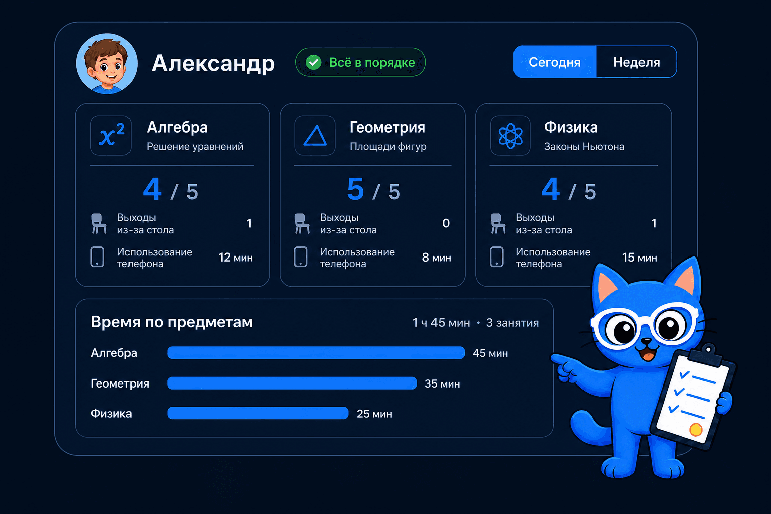 Пример кабинета родителя ScholarCat в тёмной теме: оценки по предметам, события урока и график времени